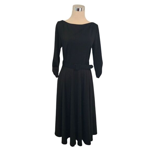 Unique Vintage Black V-Back 1950's Inspired Swing Belted Dress Size M - Picture 3 of 8